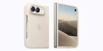 iPhone Duo Case in Sand: das zugeklappte iPhone Duo in der Apple-Hülle, links die Rückseite mit Doppelkamera und Apple-Logo, rechts das Außendisplay mit Wüstenmotiv