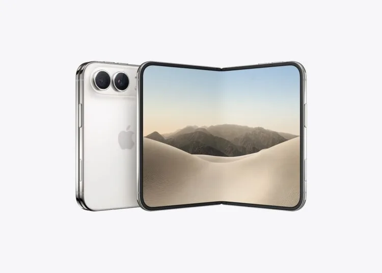iPhone Duo in Weiß, links zugeklappt mit Blick auf die Rückseite, rechts aufgeklappt mit dem faltbaren Innendisplay, über dem die austauschbare Deckschicht liegt