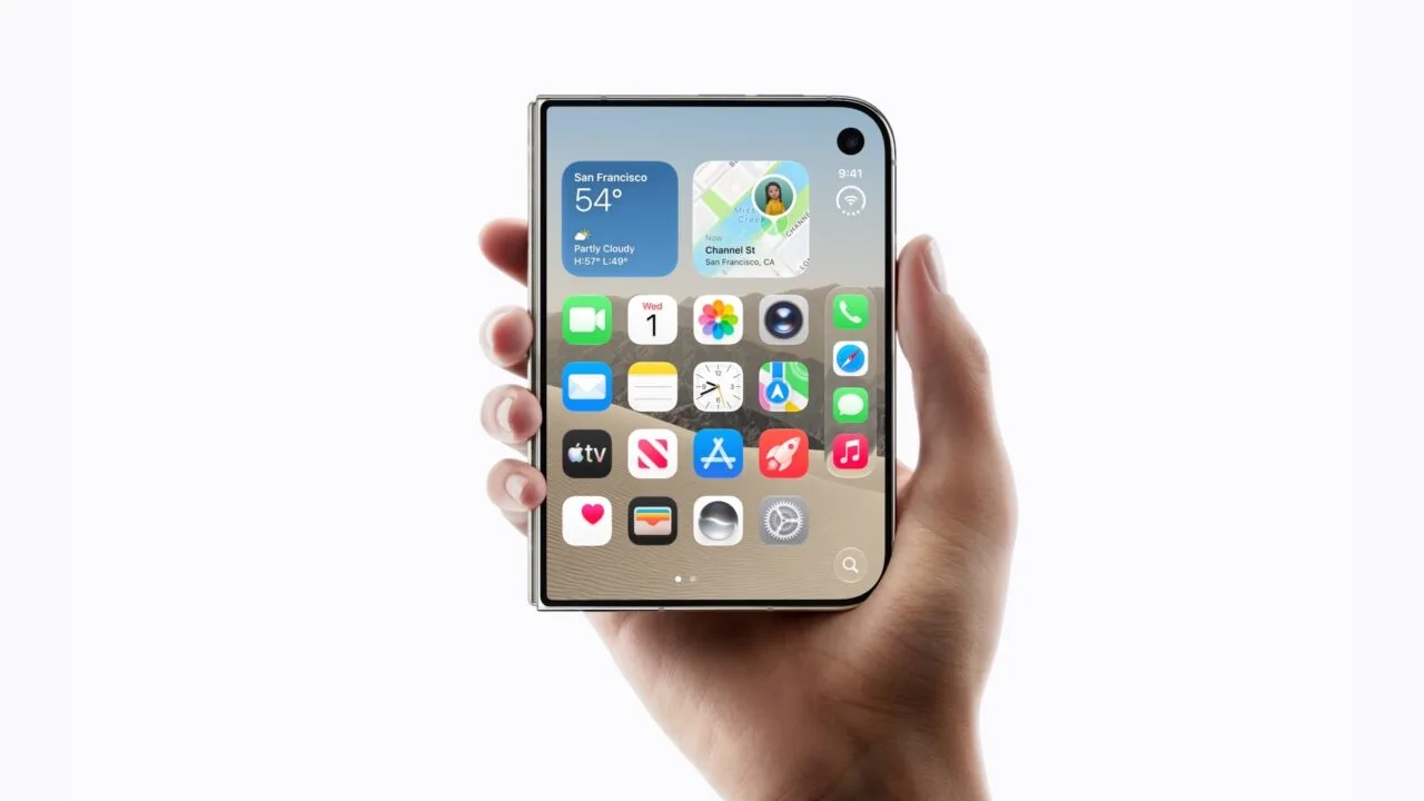 iPhone Duo Einhandmodus: Zugeklapptes iPhone Duo in einer Hand, auf dem Außendisplay der Home-Bildschirm mit Dock am rechten Rand