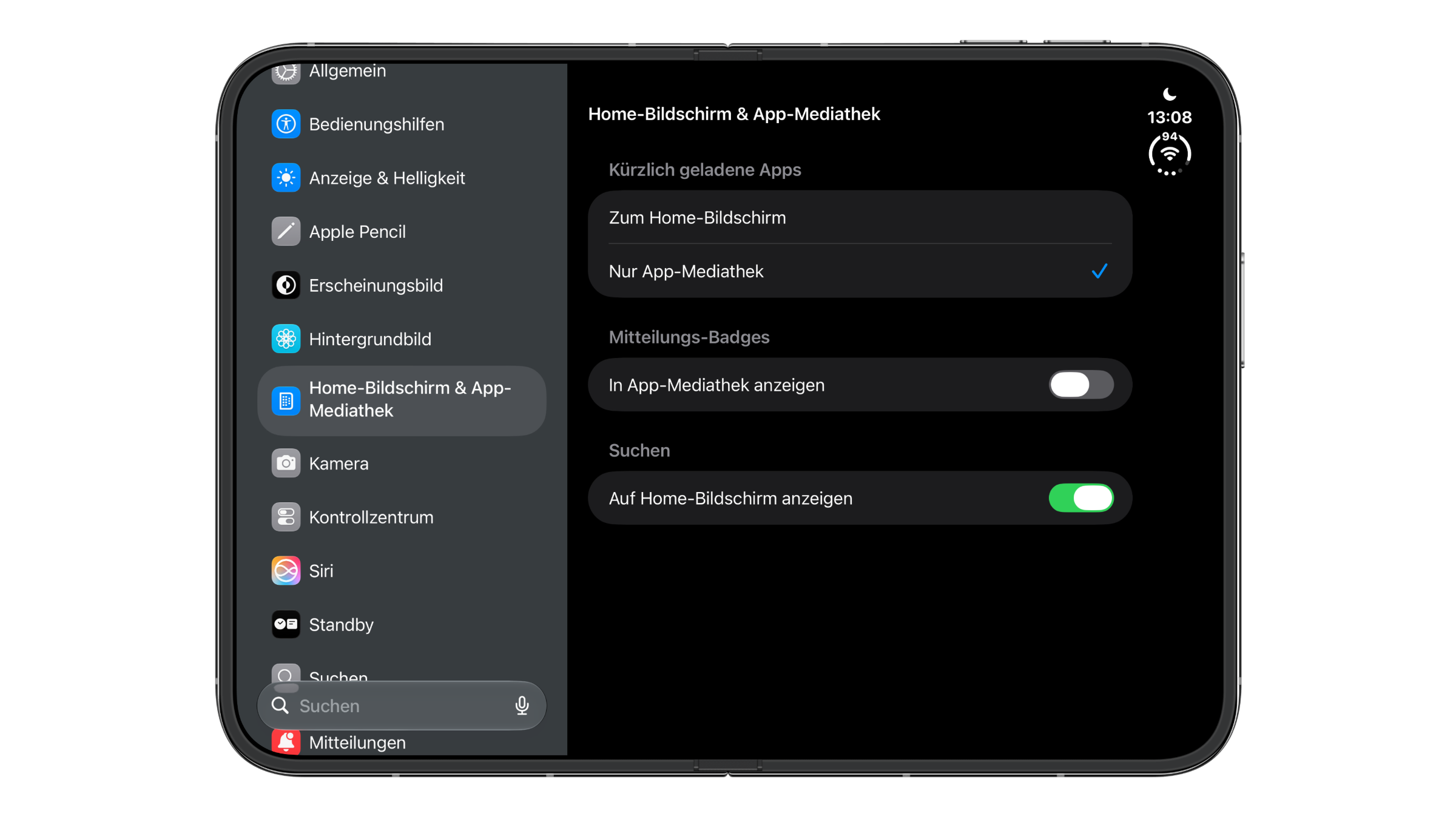 Settings for iPhone Duo widgets and the Home Screen: "Home Screen & App Library" with "App Library Only", notification badges turned off and search on the Home Screen turned on