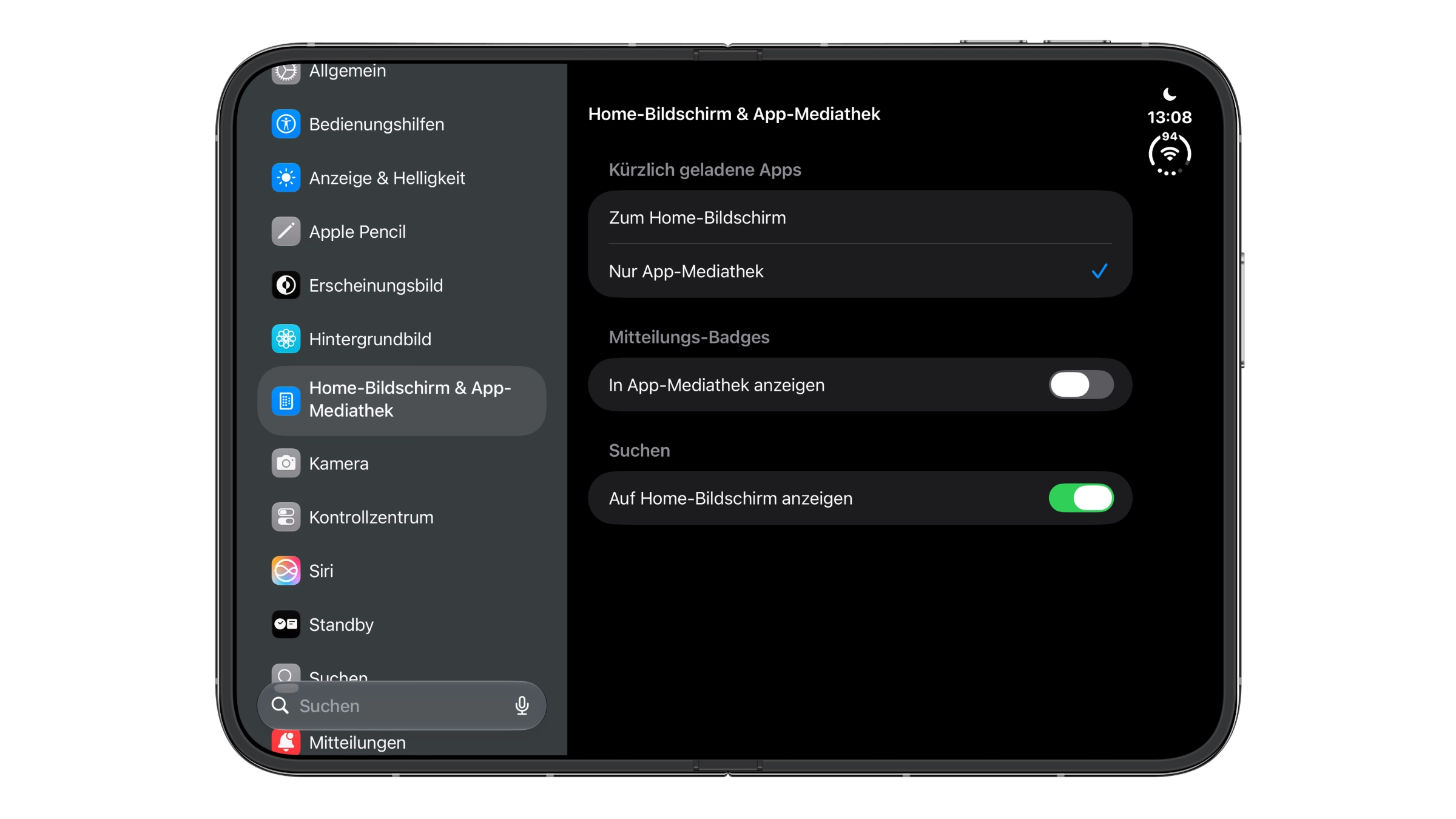 Einstellungen für iPhone Duo Widgets und Home-Bildschirm: Bereich „Home-Bildschirm & App-Mediathek“ mit „Nur App-Mediathek“, ausgeschalteten Mitteilungs-Badges und eingeschalteter Suche auf dem Home-Bildschirm