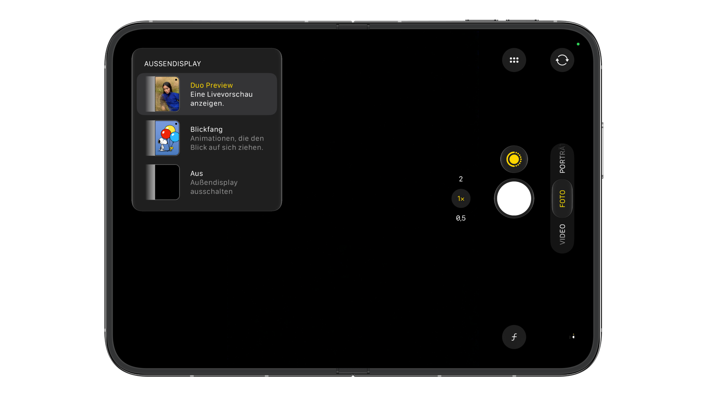 iPhone Duo camera preview: the outer display menu in the Camera app with the options Duo Preview, Blickfang and Off