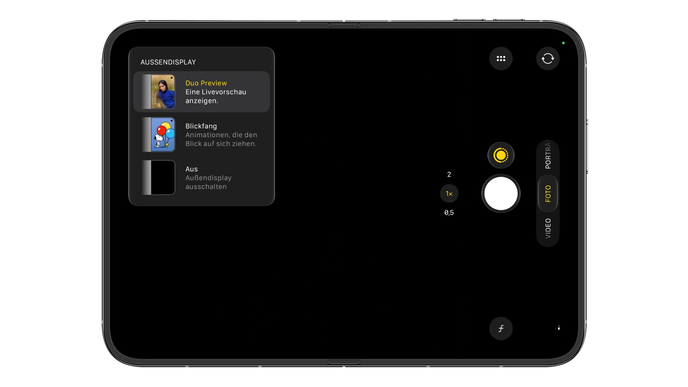 iPhone Duo Kamera-Vorschau: Menü „Außendisplay“ in der Kamera-App mit den Optionen Duo Preview, Blickfang und Aus