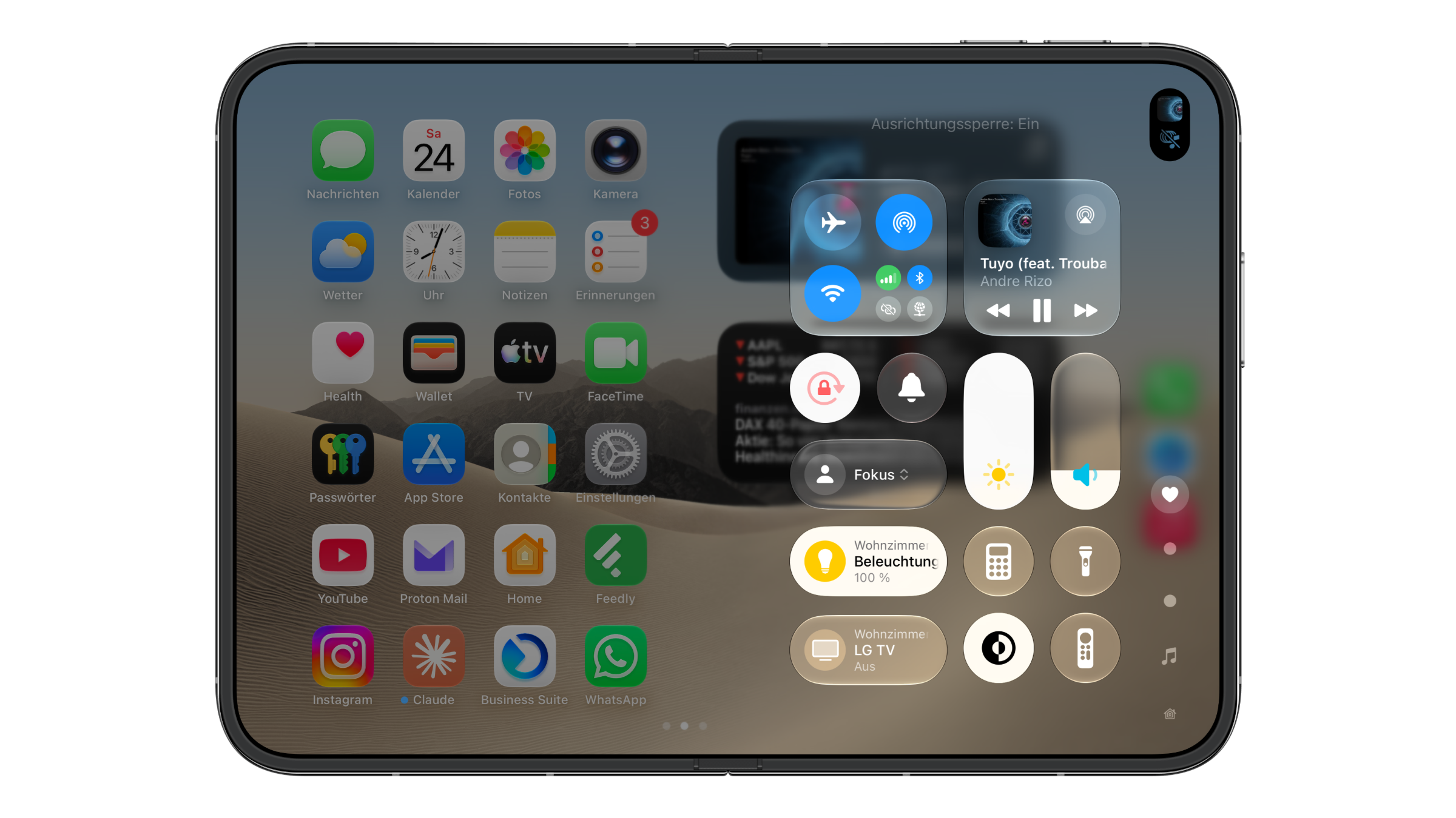 iPhone Duo volume buttons and rotation lock: Control Center open on the inner display showing the notice Rotation Lock: On