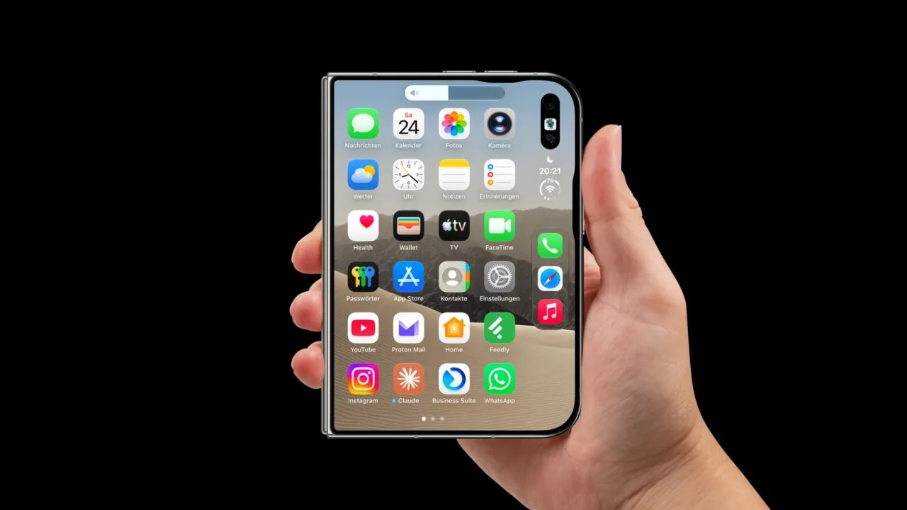 iPhone Duo Lautstärketasten: zugeklapptes iPhone Duo in der Hand, auf dem Außendisplay erscheint die Lautstärkeanzeige direkt unter den beiden Tasten an der Oberkante