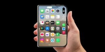 iPhone Duo Lautstärketasten: zugeklapptes iPhone Duo in der Hand, auf dem Außendisplay erscheint die Lautstärkeanzeige direkt unter den beiden Tasten an der Oberkante