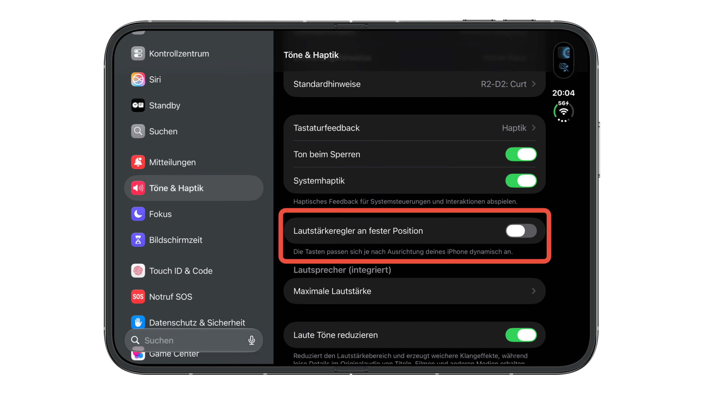 iPhone Duo volume buttons: Sounds & Haptics settings with the Fixed Position Volume Controls switch turned off on the unfolded inner display