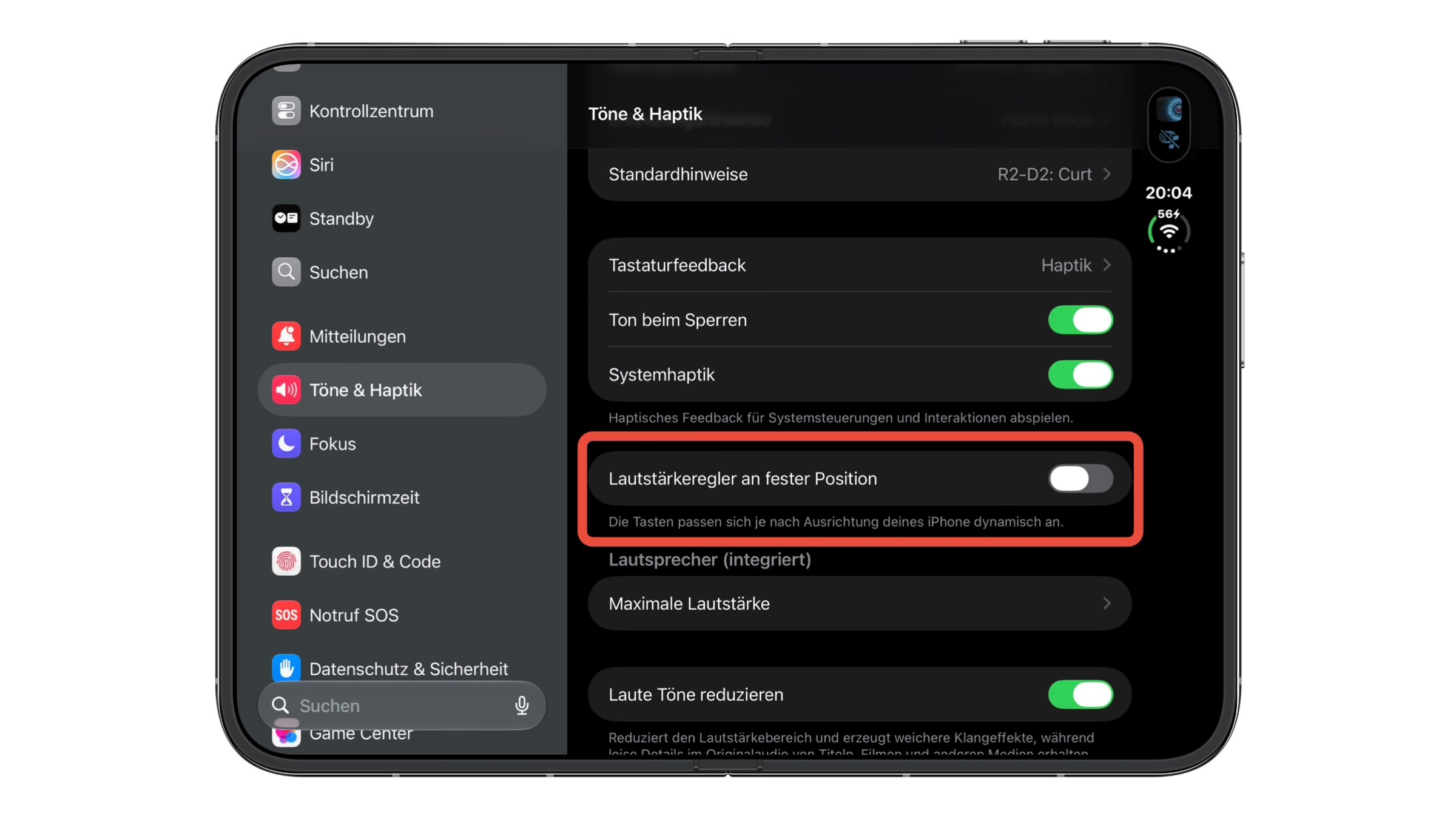 iPhone Duo Lautstärketasten: Einstellungen unter Töne & Haptik mit ausgeschaltetem Schalter „Lautstärkeregler an fester Position“ auf dem aufgeklappten Innendisplay