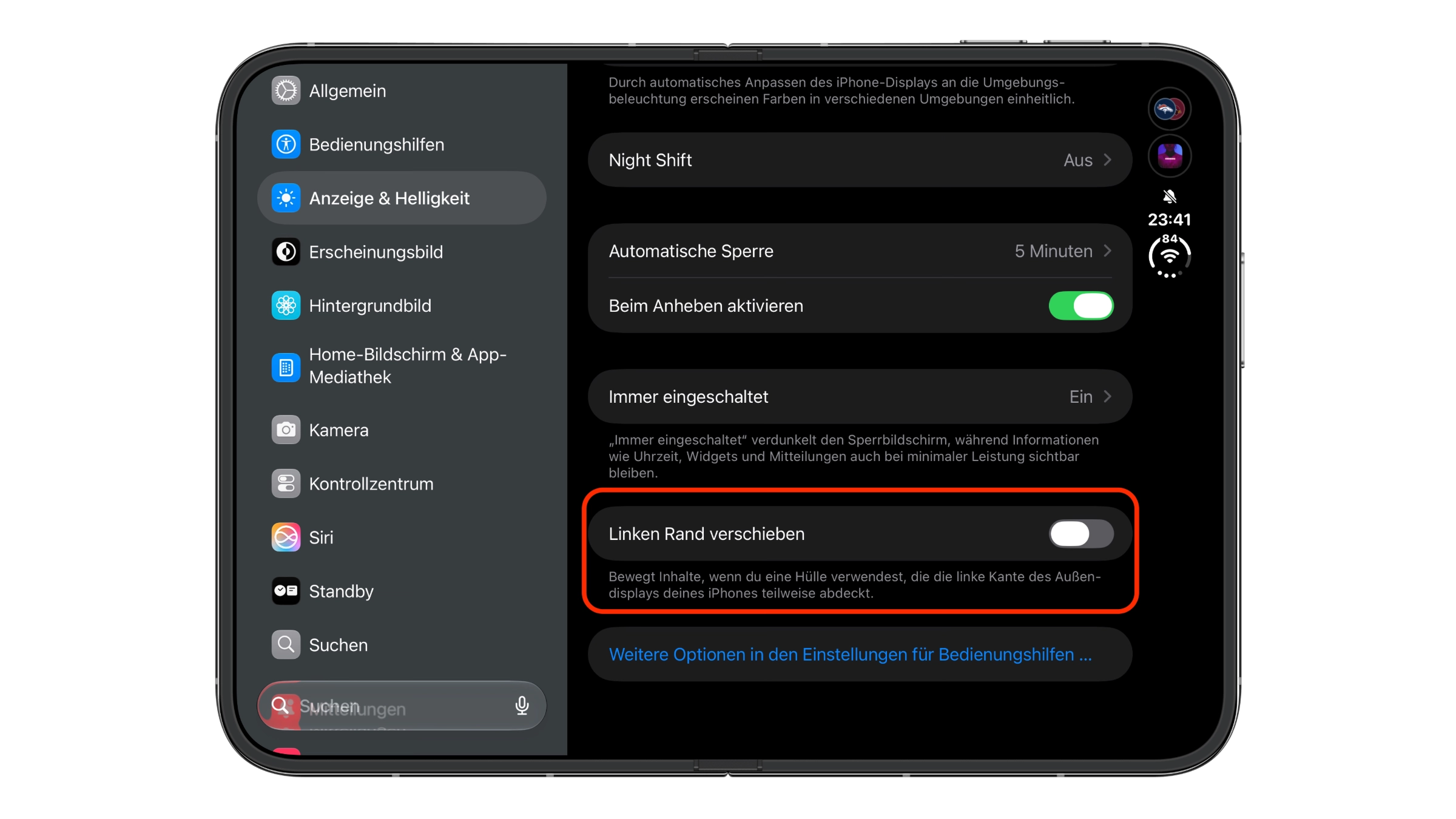 iPhone Duo linken Rand verschieben: Schalter unter Anzeige & Helligkeit mit Beschreibung zur Hülle, rot markiert