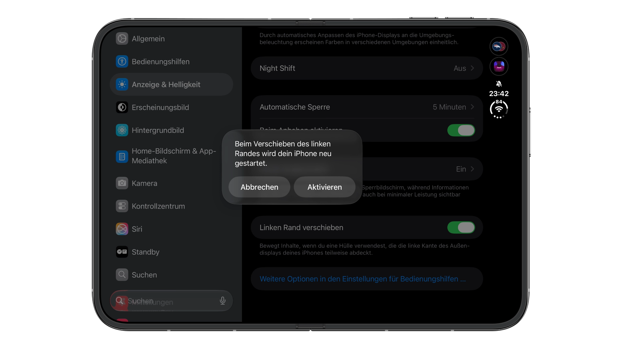 Hinweis beim iPhone Duo, wenn man den linken Rand verschieben will: Neustart mit Abbrechen oder Aktivieren