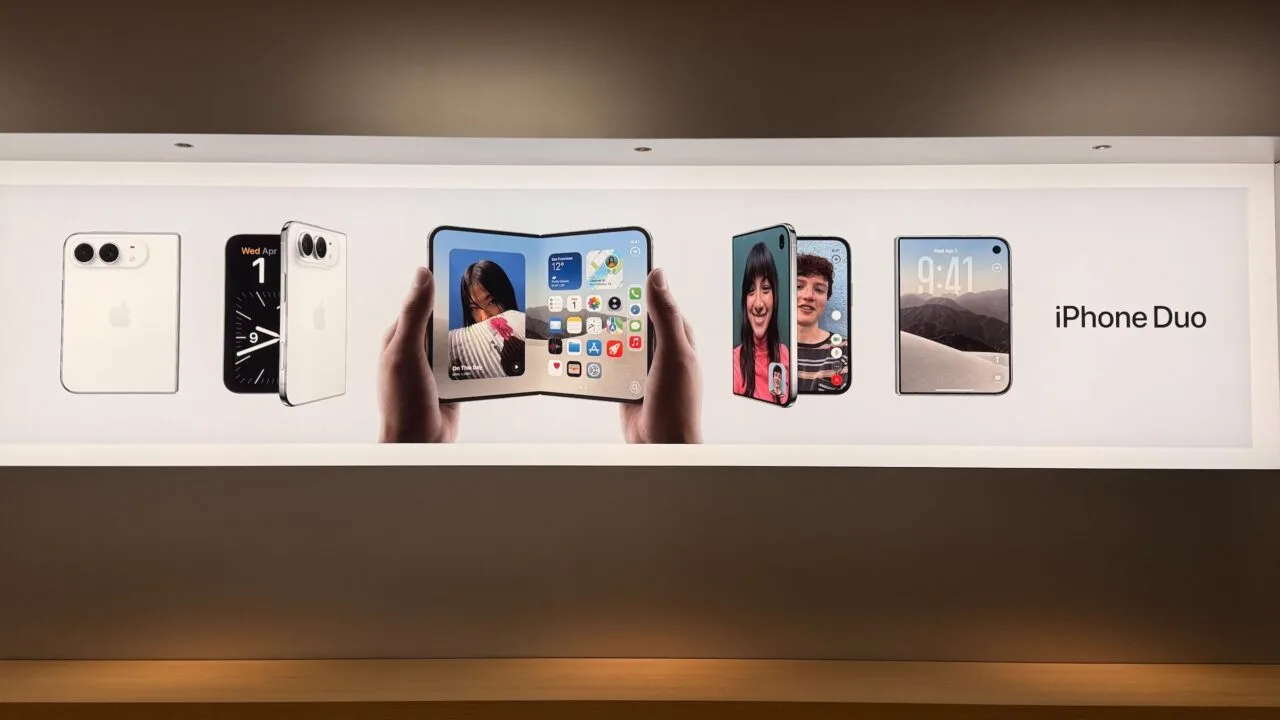 iPhone Duo ohne Vorbestellung: Werbebanner im Apple Store mit dem iPhone Duo zugeklappt, aufgeklappt in zwei Händen und bei einem Videoanruf, rechts der Schriftzug