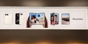 iPhone Duo ohne Vorbestellung: Werbebanner im Apple Store mit dem iPhone Duo zugeklappt, aufgeklappt in zwei Händen und bei einem Videoanruf, rechts der Schriftzug