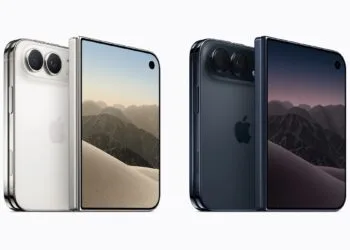 iPhone Duo PDF: zwei halb aufgeklappte iPhone Duo in einer hellen und einer dunklen Farbe, jeweils mit Rückseite und innerem Display