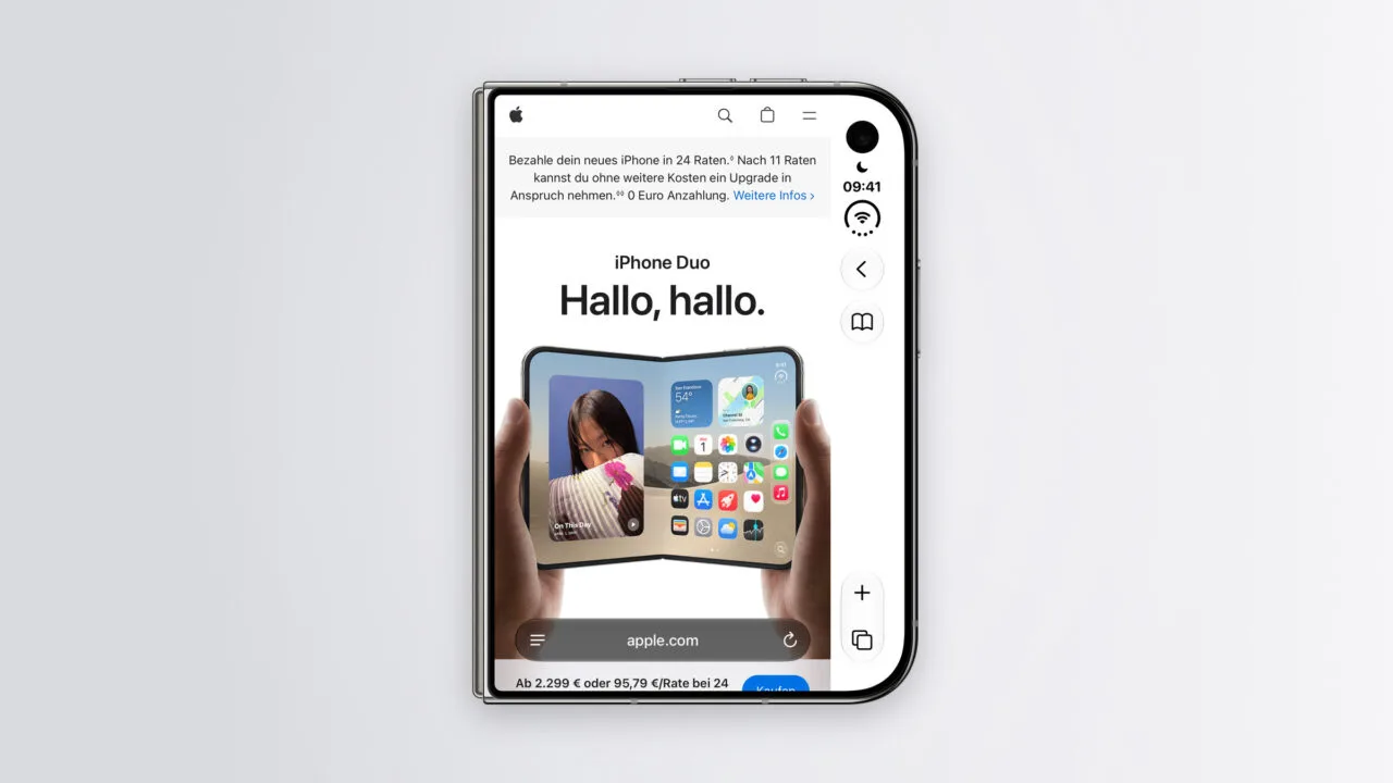 iPhone Duo Safari auf dem Außendisplay: Die Website von Apple füllt nur die linke Fläche, rechts davon liegt die senkrechte Leiste mit Uhrzeit und Bedienelementen.
