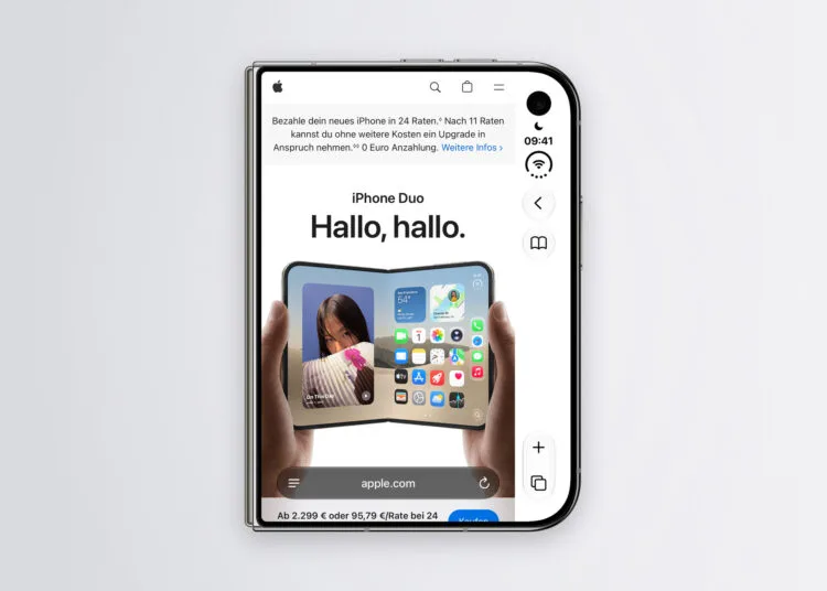 iPhone Duo Safari auf dem Außendisplay: Die Website von Apple füllt nur die linke Fläche, rechts davon liegt die senkrechte Leiste mit Uhrzeit und Bedienelementen.