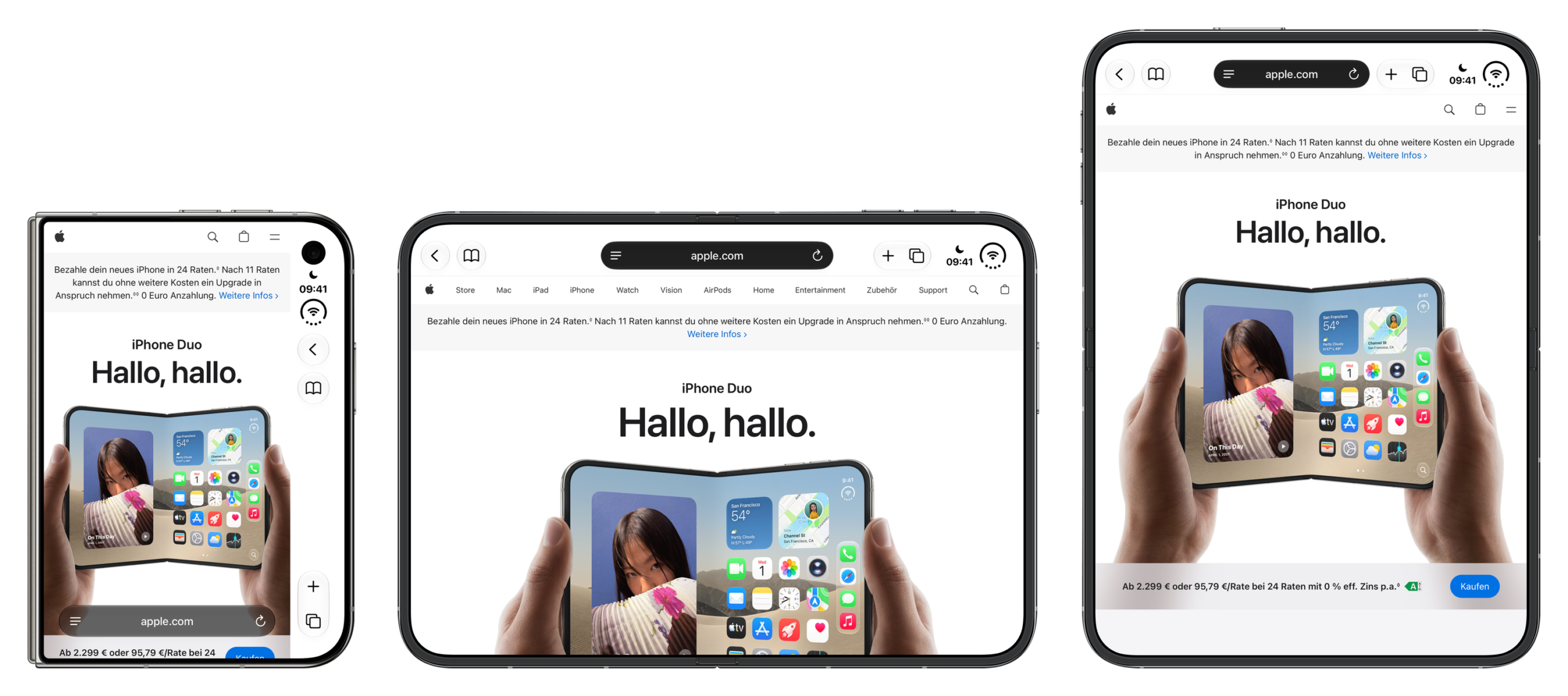 iPhone Duo Safari in three poses: folded with the bar on the right edge, unfolded in landscape and unfolded in portrait with the tab bar at the top.
