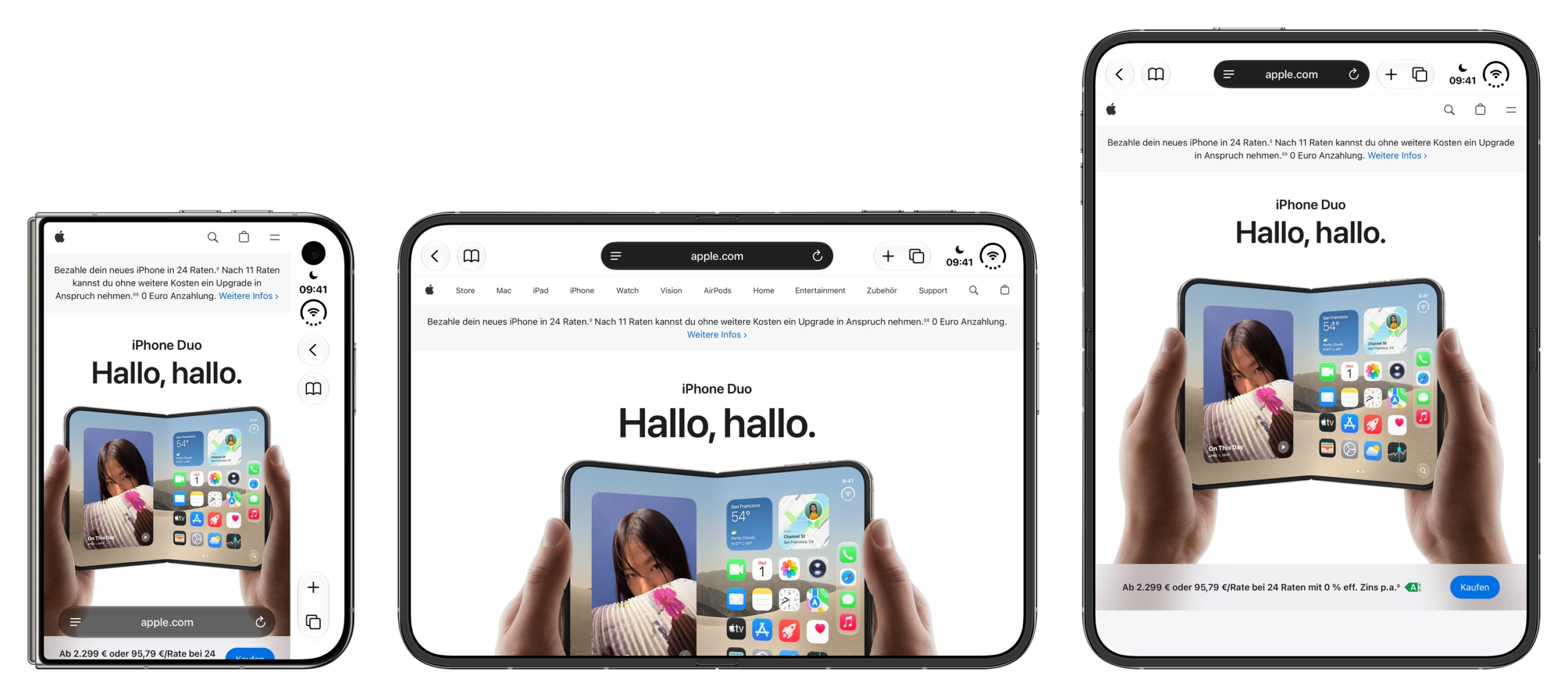 iPhone Duo Safari in drei Haltungen: zugeklappt mit Leiste am rechten Rand, aufgeklappt quer und aufgeklappt hochkant mit Tableiste oben.