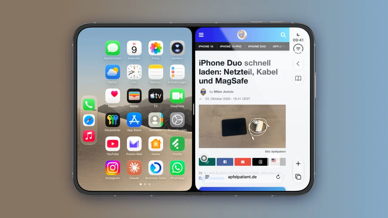 iPhone Duo Split View: aufgeklapptes iPhone Duo im Querformat mit geteiltem Innendisplay, links der Home-Bildschirm, rechts Safari mit einem geöffneten Artikel