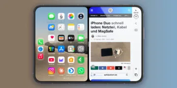 iPhone Duo Split View: aufgeklapptes iPhone Duo im Querformat mit geteiltem Innendisplay, links der Home-Bildschirm, rechts Safari mit einem geöffneten Artikel