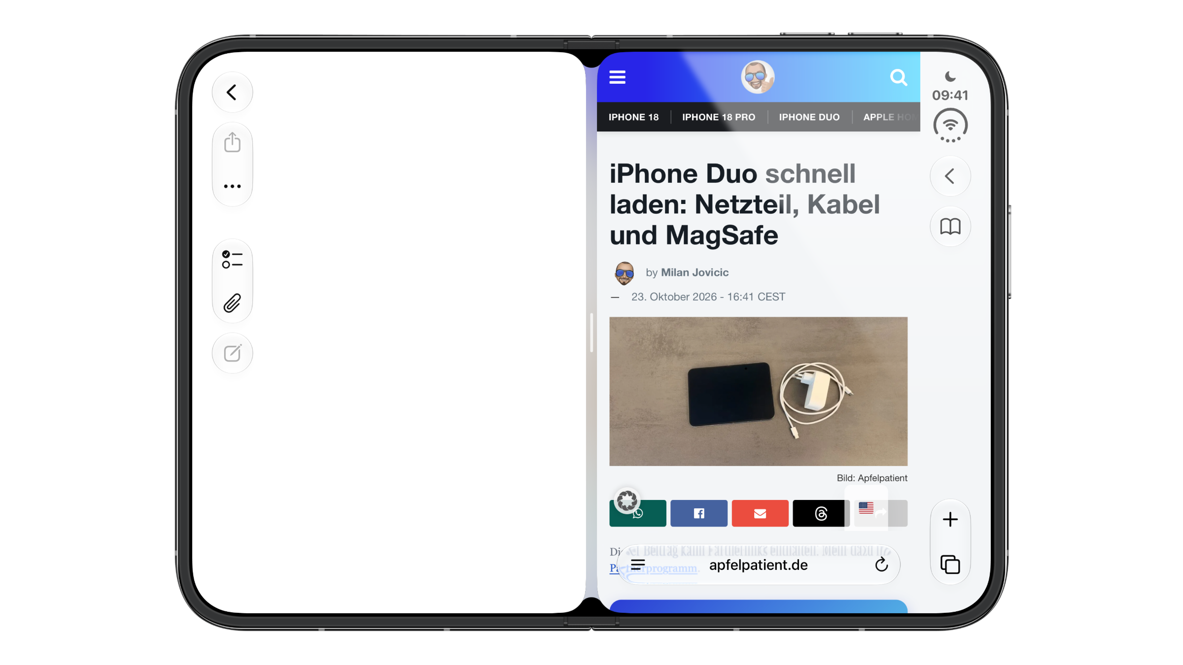 iPhone Duo Split View: the same two apps joined as a pair, with a light bridge filling the gap between the windows