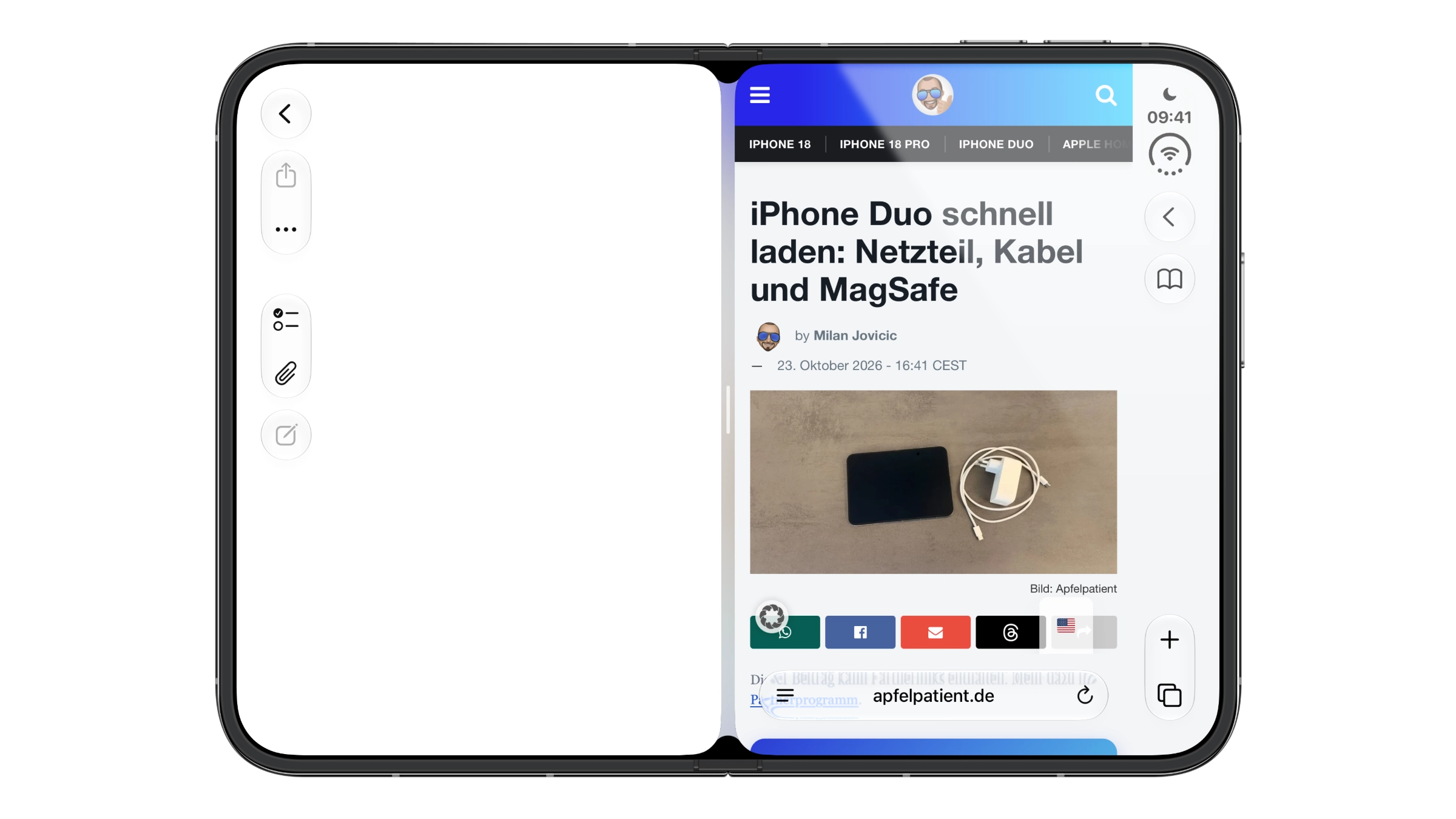iPhone Duo Split View: dieselben zwei Apps als Paar verbunden, ein heller Steg füllt die Lücke zwischen den Fenstern