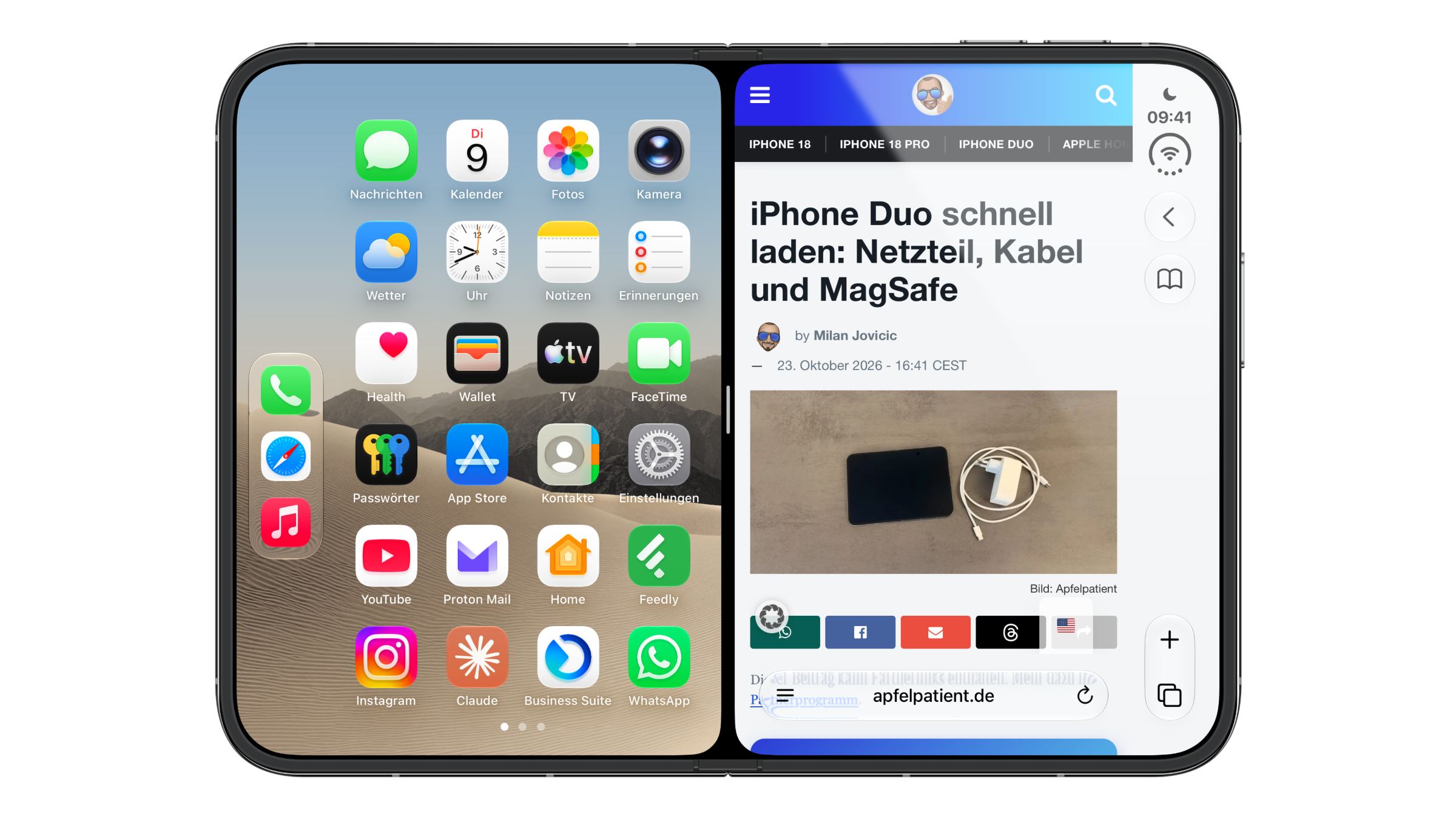 iPhone Duo Split View: unfolded iPhone Duo in landscape, the Home Screen on the left for choosing the second app and Safari with an open article on the right