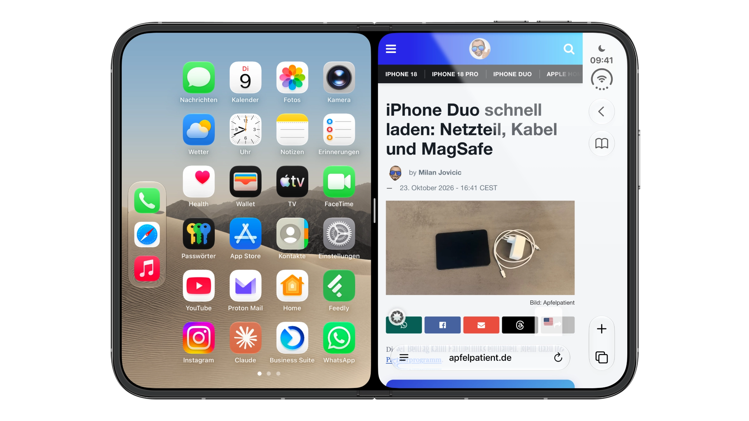 iPhone Duo Split View: aufgeklapptes iPhone Duo im Querformat, links der Home-Bildschirm zur Auswahl der zweiten App, rechts Safari mit einem geöffneten Artikel
