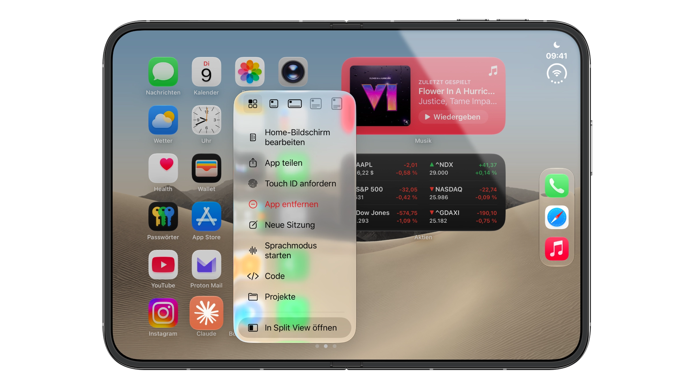iPhone Duo Split View: Kontextmenü eines App-Symbols auf dem Home-Bildschirm des iPhone Duo mit dem Eintrag „In Split View öffnen“ ganz unten