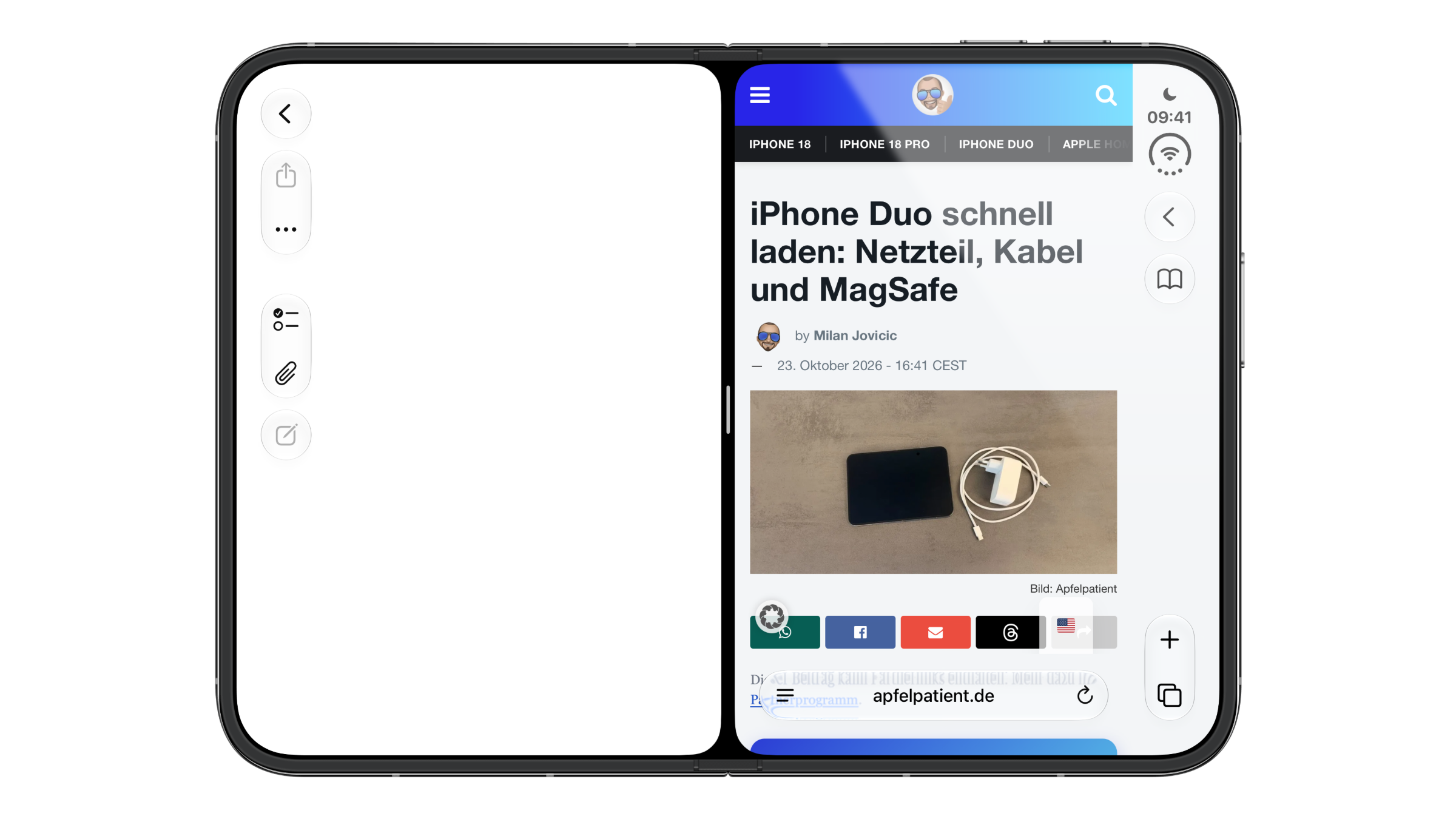 iPhone Duo Split View: two apps side by side on an unfolded iPhone Duo, separated by a black gap with a handle in the middle