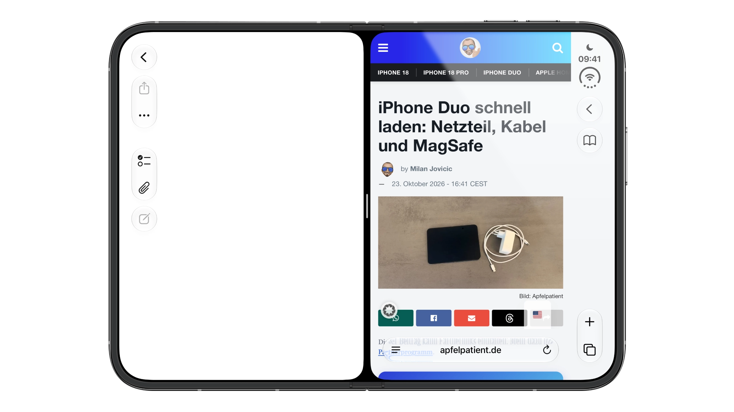 iPhone Duo Split View: zwei Apps nebeneinander auf dem aufgeklappten iPhone Duo, getrennt durch einen schwarzen Spalt mit Griff in der Mitte