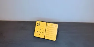 iPhone Duo Standby am Standfuß: Das ganz aufgeklappte iPhone Duo steht angewinkelt im Querformat und zeigt Datum, Kalender, Uhr und Aktienkurse.