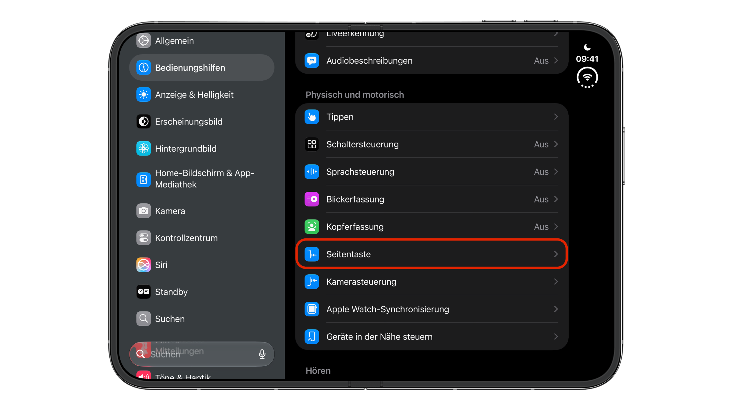 iPhone Duo Touch ID: Settings on an unfolded iPhone Duo with Accessibility open, the Side Button entry highlighted in the Physical and Motor section