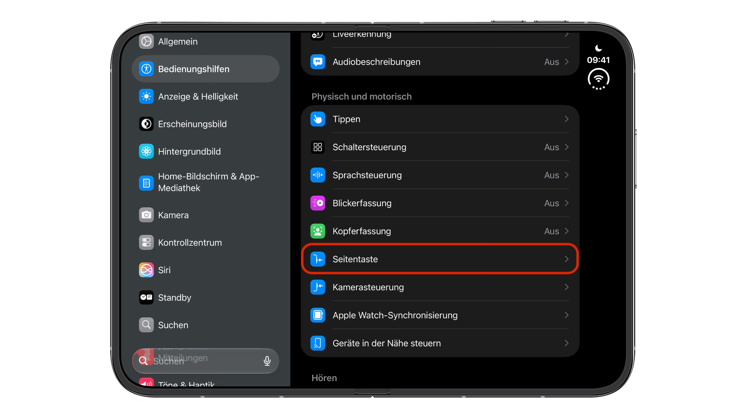 iPhone Duo Touch ID: Einstellungen auf dem aufgeklappten iPhone Duo mit geöffneten Bedienungshilfen, im Abschnitt „Physisch und motorisch“ ist der Eintrag „Seitentaste“ markiert