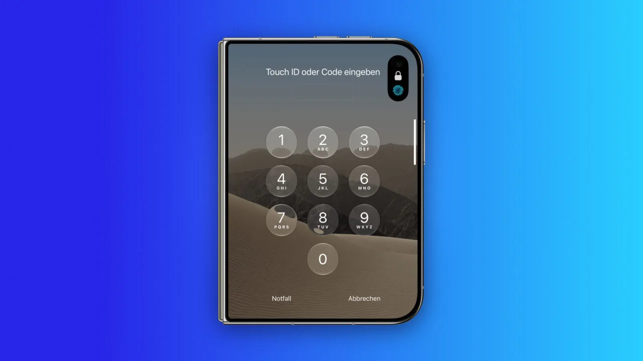 iPhone Duo Touch ID: zugeklapptes iPhone Duo mit dem Sperrbildschirm „Touch ID oder Code eingeben“, Zahlenfeld und Fingerabdrucksymbol in der Dynamic Island