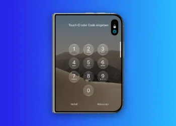 iPhone Duo Touch ID: zugeklapptes iPhone Duo mit dem Sperrbildschirm „Touch ID oder Code eingeben“, Zahlenfeld und Fingerabdrucksymbol in der Dynamic Island
