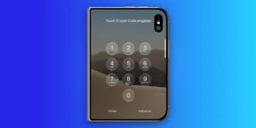 iPhone Duo Touch ID: zugeklapptes iPhone Duo mit dem Sperrbildschirm „Touch ID oder Code eingeben“, Zahlenfeld und Fingerabdrucksymbol in der Dynamic Island