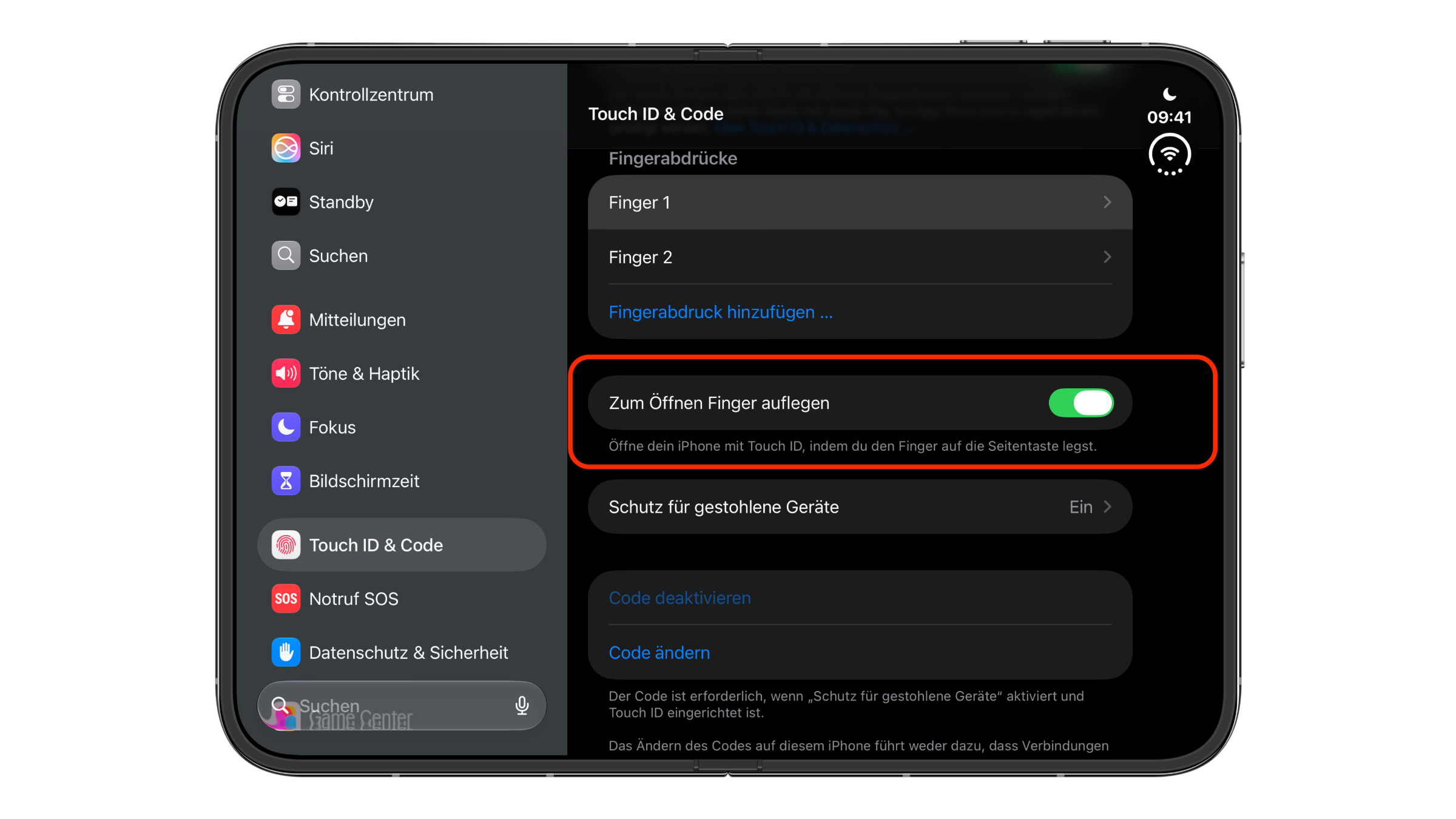 iPhone Duo Touch ID: Touch ID & Passcode settings page on iPhone Duo with two fingerprints and the Rest Finger to Open switch turned on