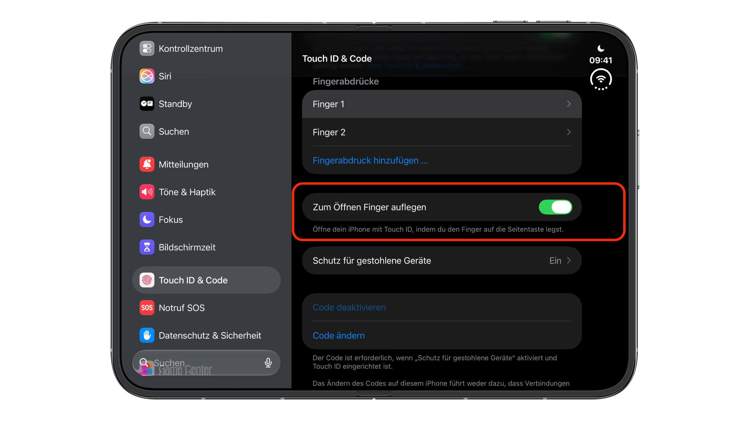 iPhone Duo Touch ID: Einstellungsseite „Touch ID & Code“ auf dem iPhone Duo mit zwei Fingerabdrücken und eingeschaltetem Schalter „Zum Öffnen Finger auflegen“