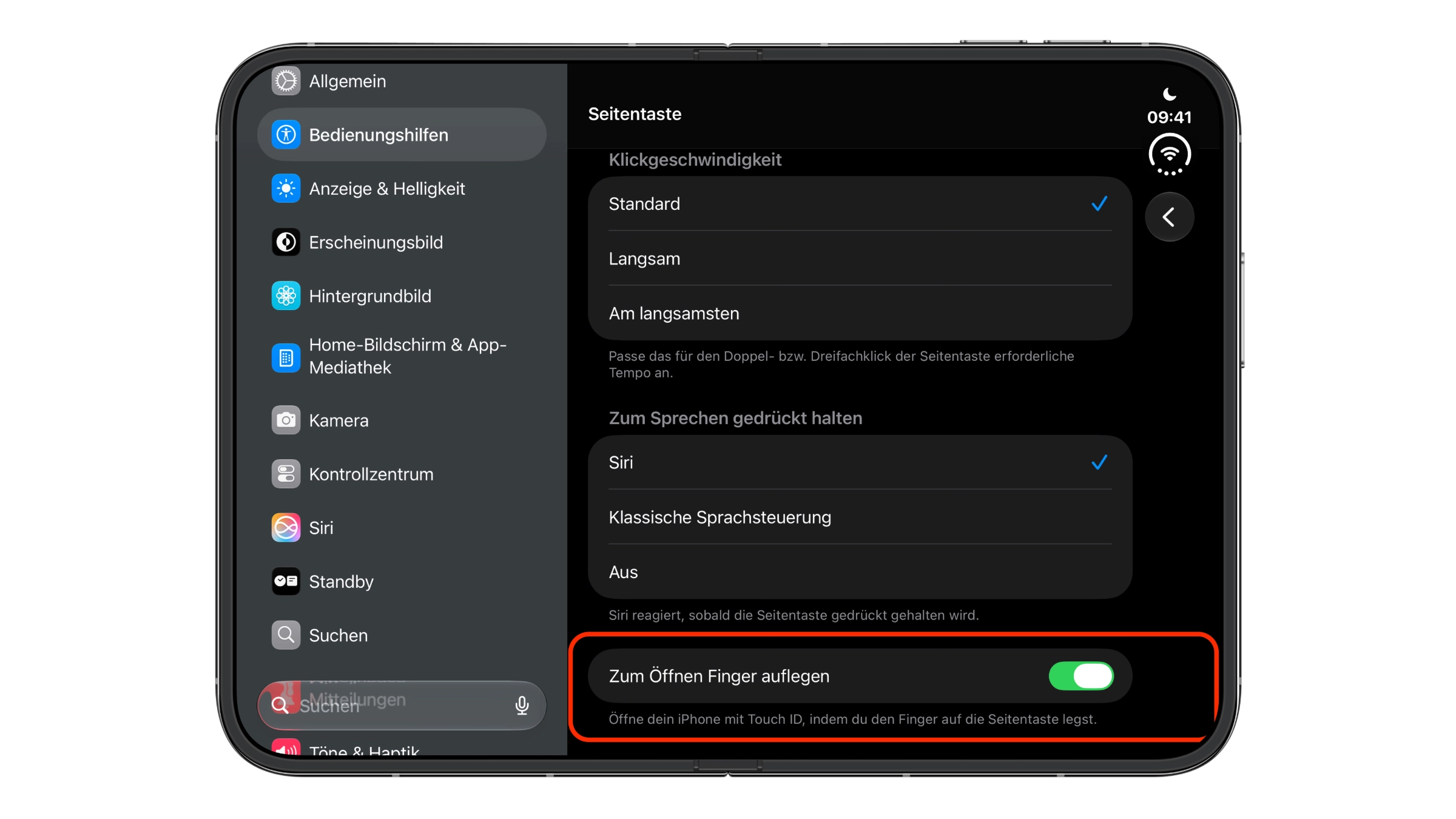 iPhone Duo Touch ID: Einstellungsseite „Seitentaste“ auf dem iPhone Duo mit eingeschaltetem Schalter „Zum Öffnen Finger auflegen“