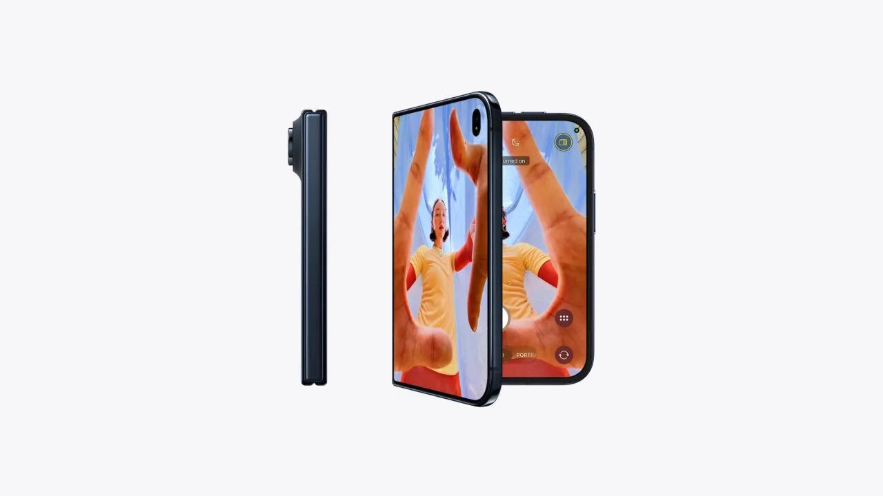 iPhone Duo Update zum Start: das faltbare iPhone zugeklappt von der Seite und aufgeklappt mit geöffneter Kamera-App auf beiden Displays
