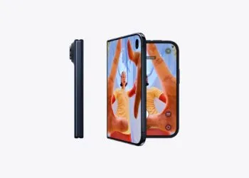 iPhone Duo Update zum Start: das faltbare iPhone zugeklappt von der Seite und aufgeklappt mit geöffneter Kamera-App auf beiden Displays