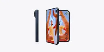 iPhone Duo Update zum Start: das faltbare iPhone zugeklappt von der Seite und aufgeklappt mit geöffneter Kamera-App auf beiden Displays
