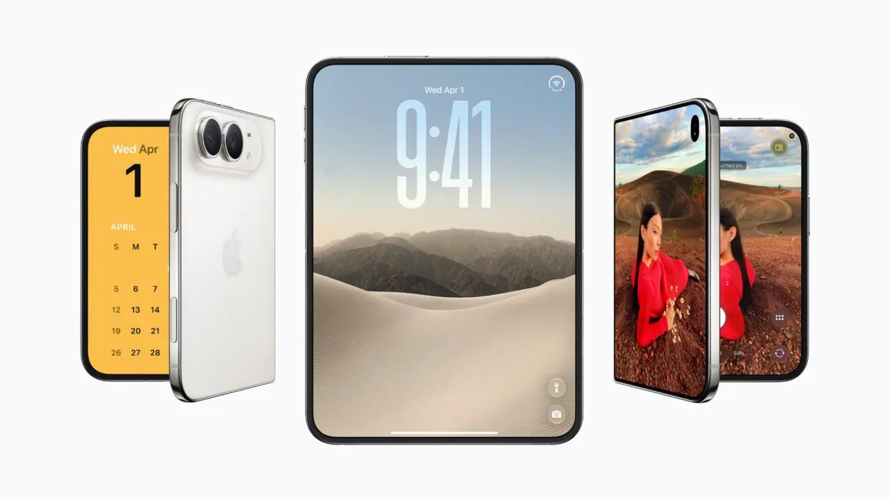 iPhone Duo in drei Ansichten: zugeklappt mit Kalender auf dem Außendisplay, aufgeklappt mit Sperrbildschirm und halb geöffnet mit Kamera, zum Verkaufsstart des iPhone Duo