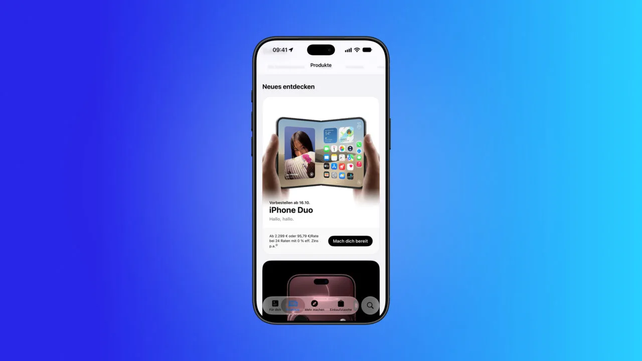 iPhone Duo Vorbestellung vorbereiten: Die Apple Store App zeigt das iPhone Duo mit dem Hinweis auf die Vorbestellung ab 16.10., dem Preis ab 2.299 Euro und dem Button „Mach dich bereit“