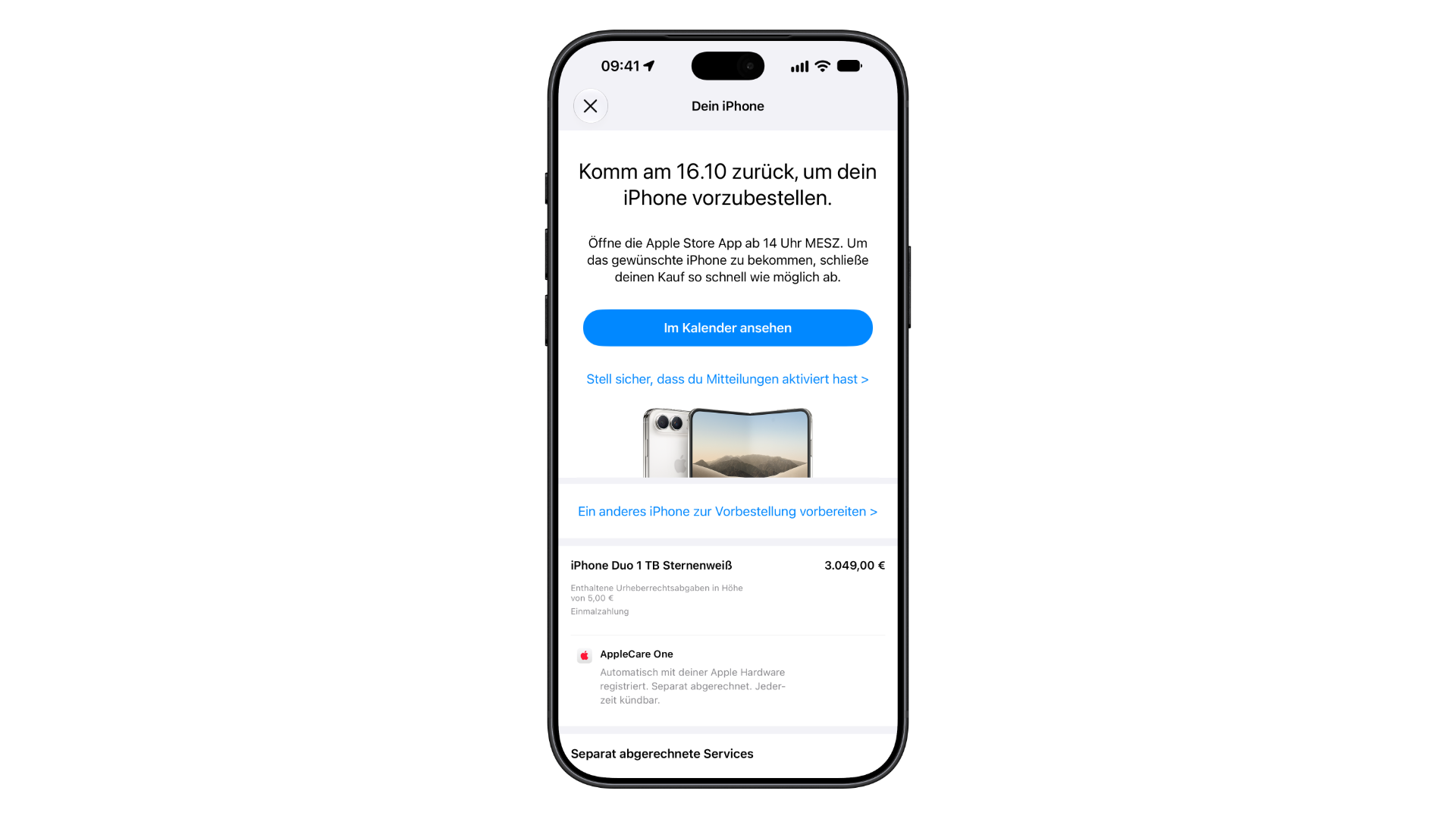 Prepare the iPhone Duo pre-order: the Apple Store app confirms a prepared order for a 1 TB iPhone Duo in Star White for 3,049 euros and points to the start on 16 October from 2 pm CEST