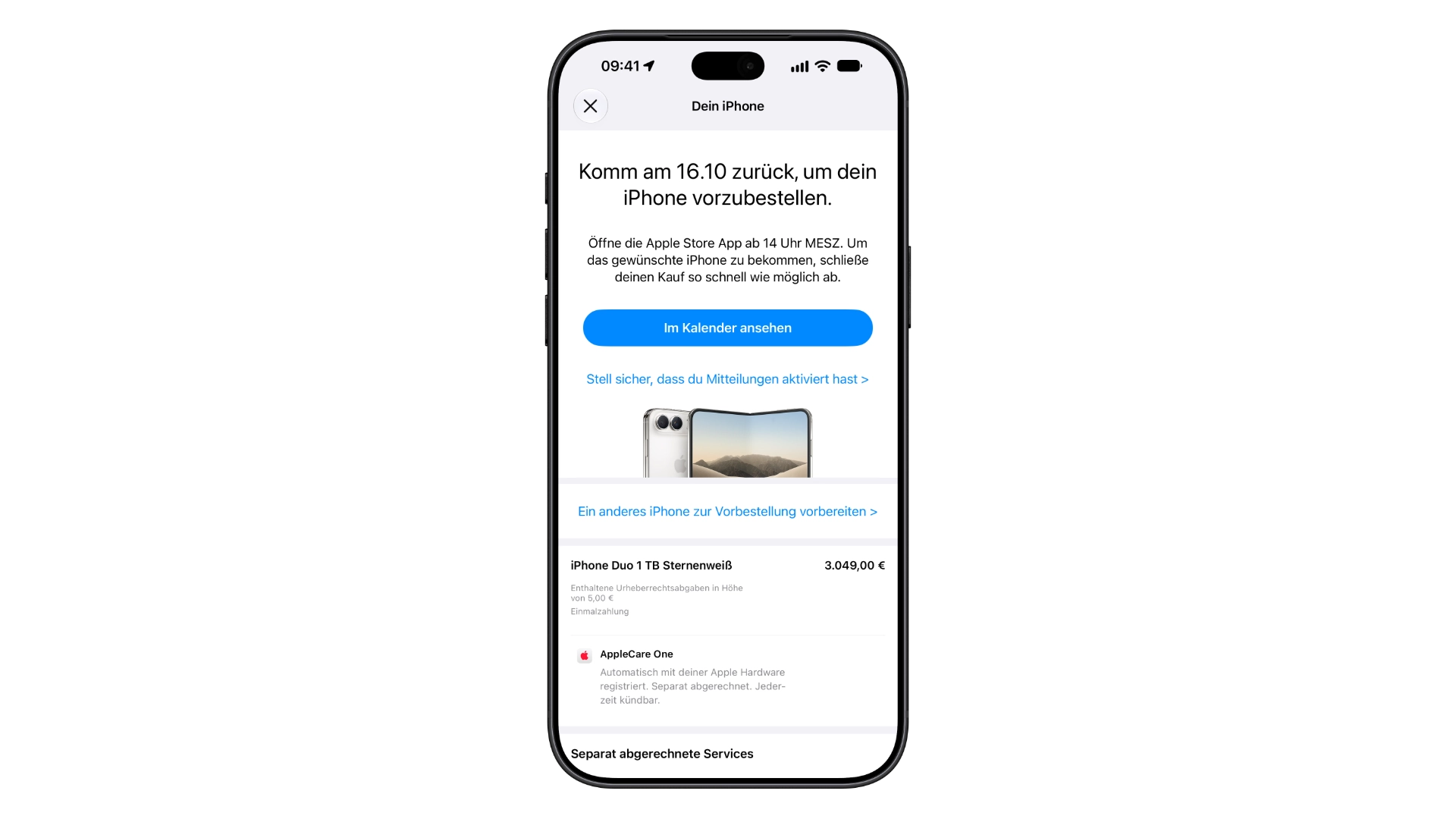 iPhone Duo Vorbestellung vorbereiten: Die Apple Store App bestätigt die vorbereitete Bestellung eines iPhone Duo mit 1 TB in Sternenweiß für 3.049 Euro und verweist auf den Start am 16.10. ab 14 Uhr MESZ