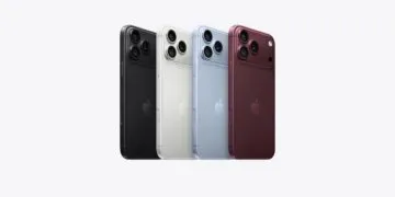 iPhone Marktanteil auf Rekordniveau: die aktuellen Pro-Modelle in Schwarz, Weiß, Hellblau und Burgunder nebeneinander von hinten