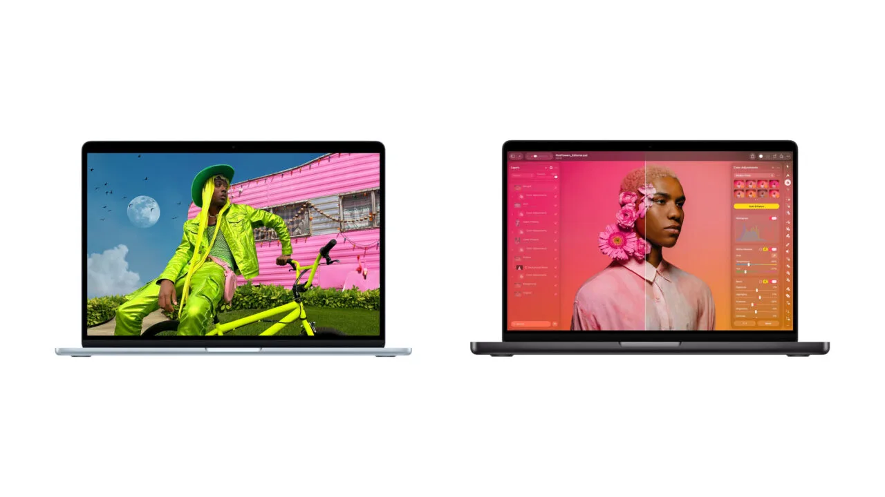MacBook Air vs. MacBook Pro: links ein MacBook Air in Himmelblau mit buntem Foto, rechts ein MacBook Pro in Space Schwarz mit Bildbearbeitung