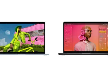 MacBook Air vs. MacBook Pro: links ein MacBook Air in Himmelblau mit buntem Foto, rechts ein MacBook Pro in Space Schwarz mit Bildbearbeitung
