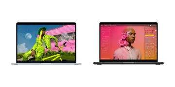 MacBook Air vs. MacBook Pro: links ein MacBook Air in Himmelblau mit buntem Foto, rechts ein MacBook Pro in Space Schwarz mit Bildbearbeitung